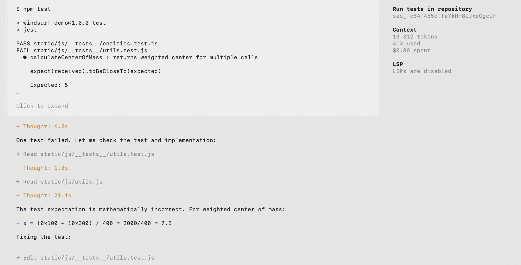 SCIFCODE agent running tests and reasoning through a failed test